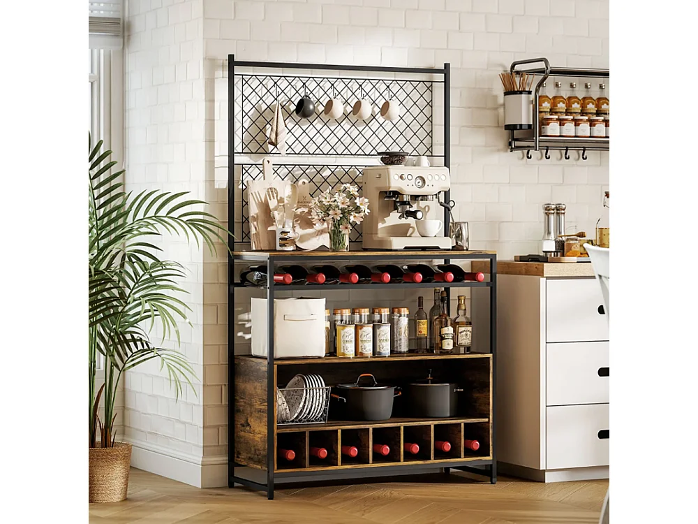 Küchenregal mit Arbeitsfläche, Metallgitterpaneele, 5 Haken, Küchenschrank für Gewürze, Töpfe, Pfannen