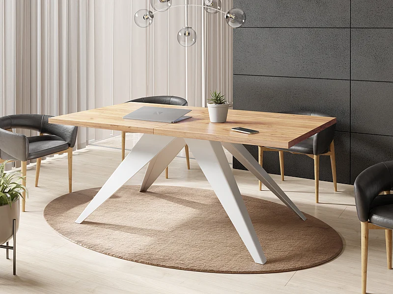 Table à Manger Vance Style Moderne - Table Rectangulaire Extensible de 160 à 260 cm, Pieds en Métal Blanc Revêtement Poudre - 160 x 90 cm - Chêne Craft
