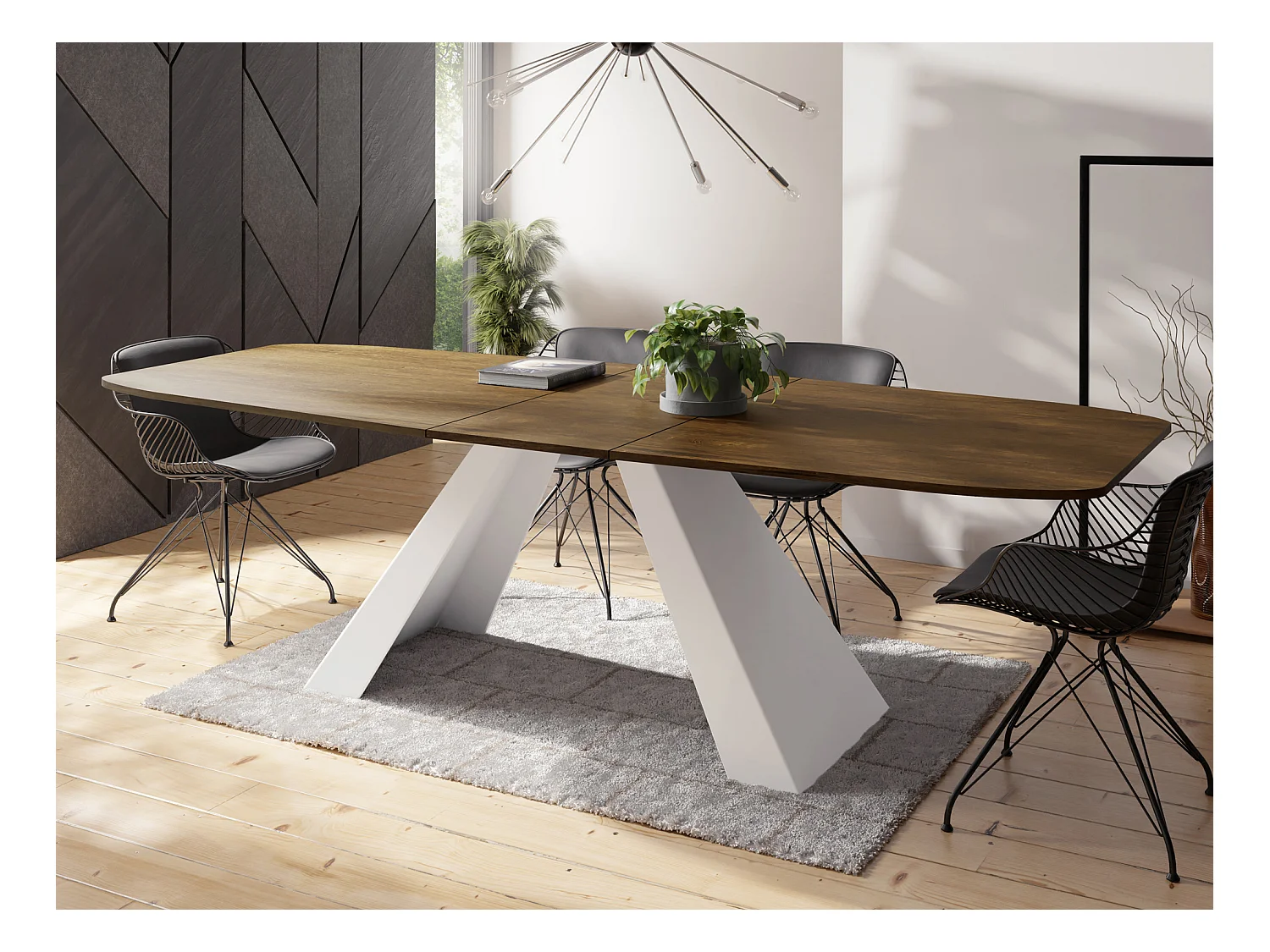 Esstisch Monte Weiß im Modern Stil, Rechteckiger Tisch - Ausziehbar von 160 cm bis 200 cm, Pulverbeschichtete Weiße Metallbeine - 160 x 80 cm - Lefkas Eiche