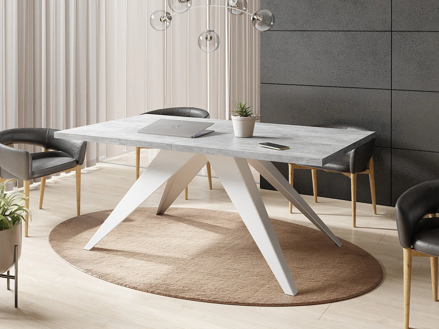 Table à Manger Vance Style Moderne - Table Rectangulaire Extensible de 160 à 260 cm, Pieds en Métal Blanc Revêtement Poudre - 160 x 90 cm - Béton Gris