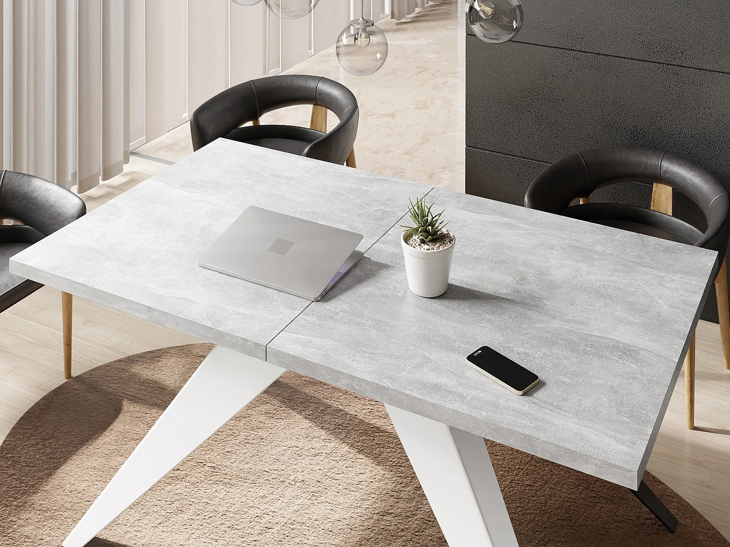 Table à Manger Vance Style Moderne - Table Rectangulaire Extensible de 160 à 260 cm, Pieds en Métal Blanc Revêtement Poudre - 160 x 90 cm - Béton Gris