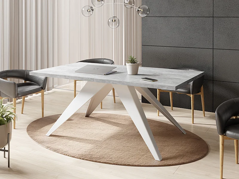 Table à Manger Vance Style Moderne - Table Rectangulaire Extensible de 140 à 240 cm, Pieds en Métal Blanc Revêtement Poudre - 140 x 80 cm - Béton Gris