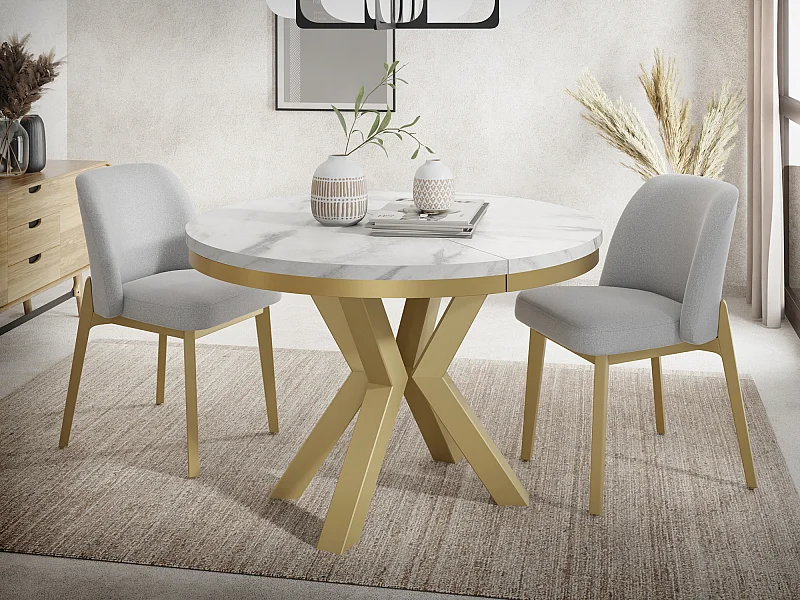 Table à Manger Ronde Extensible Style Loft - Table avec Pieds Métalliques Dorés - Table Gain de Place pour Salon - Marbre Blanc - 120 à 200 cm