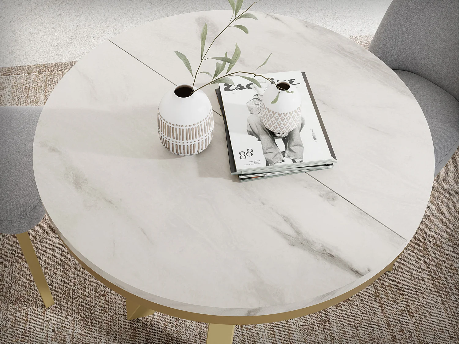 Table à Manger Ronde Extensible Style Loft - Table avec Pieds Métalliques Dorés - Table Gain de Place pour Salon - Marbre Blanc - 120 à 200 cm