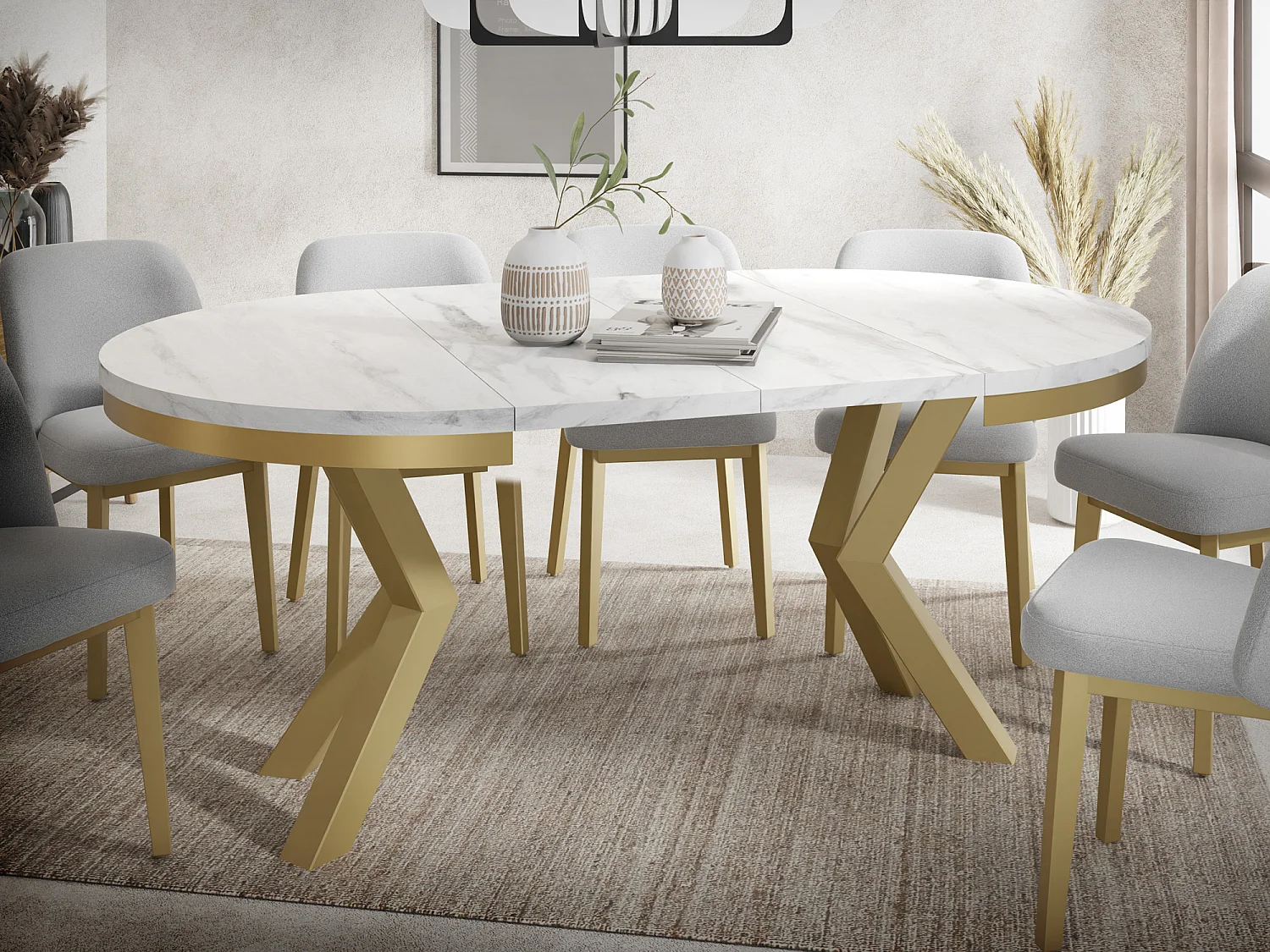 Runder Ausziehbarer Esstisch im Loft-Stil - Industrieller Tisch mit Goldenen Metallbeinen - Platzsparender Tisch für Wohnzimmer - Marmor Weiß - 120 bis 200 cm