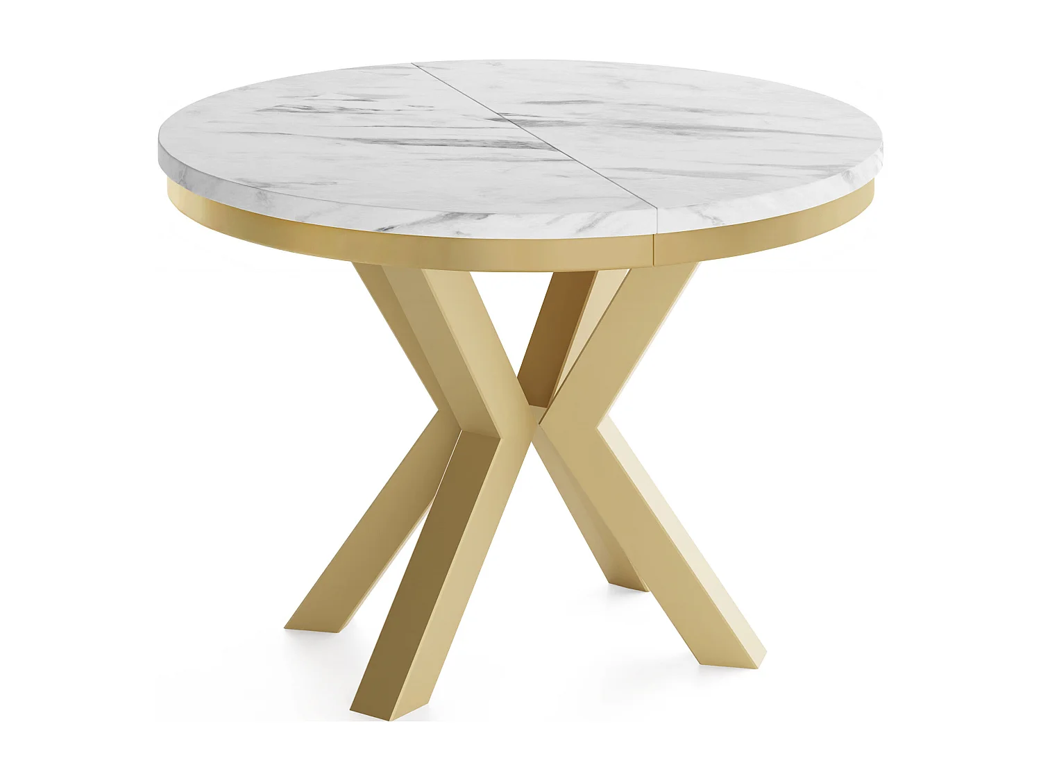 Runder Ausziehbarer Esstisch im Loft-Stil - Industrieller Tisch mit Goldenen Metallbeinen - Platzsparender Tisch für Wohnzimmer - Marmor Weiß - 120 bis 200 cm