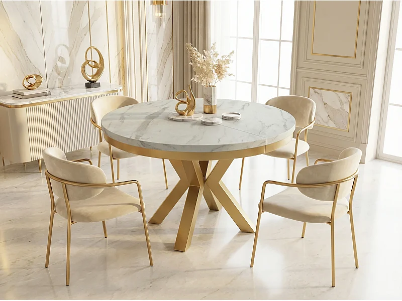Table à Manger Ronde Extensible Style Loft - Table avec Pieds Métalliques Dorés - Table Gain de Place pour Salon - Marbre Blanc - 120 à 200 cm