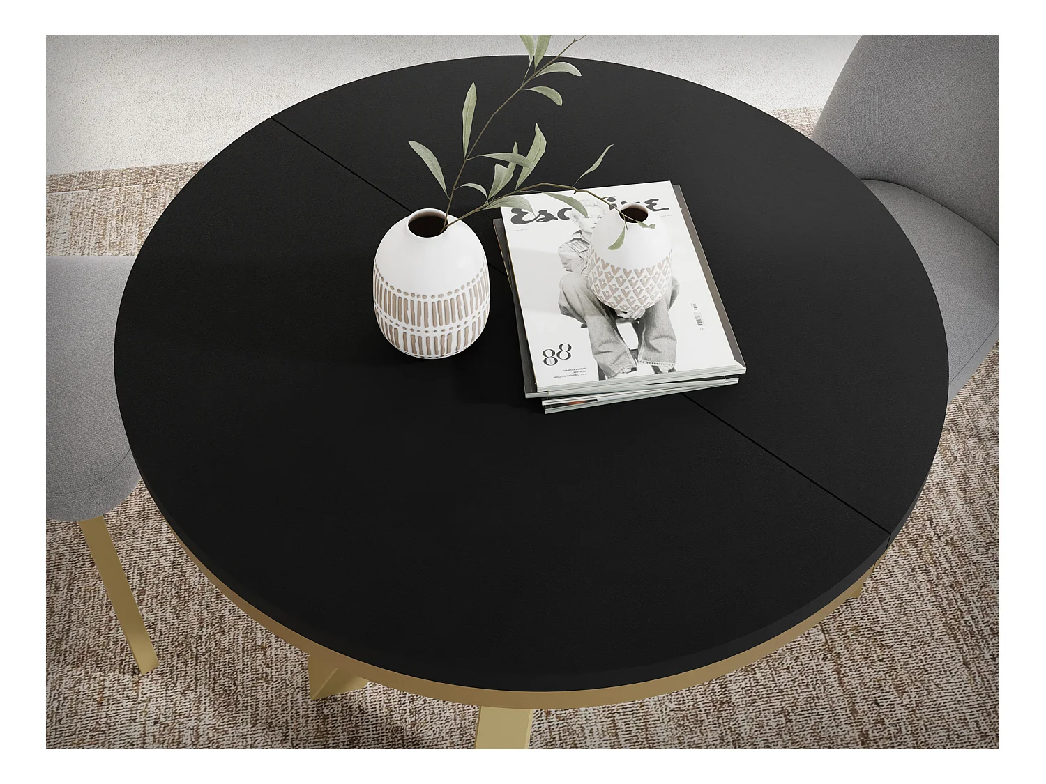 Table à Manger Ronde Extensible Style Loft - Table avec Pieds Métalliques Dorés - Table Gain de Place pour Salon - Noir - 100 à 180 cm