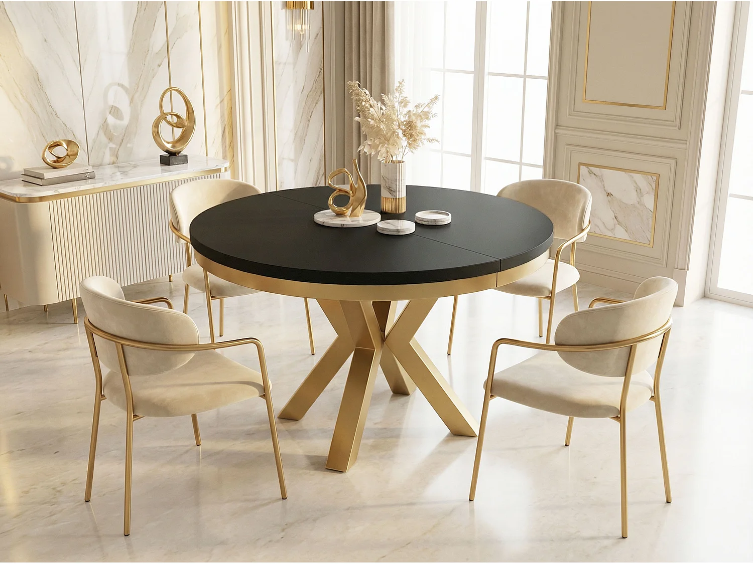 Runder Ausziehbarer Esstisch im Loft-Stil - Industrieller Tisch mit Goldenen Metallbeinen - Platzsparender Tisch für Wohnzimmer - Schwarz - 100 bis 180 cm