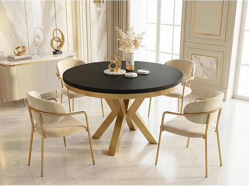 Runder Ausziehbarer Esstisch im Loft-Stil - Industrieller Tisch mit Goldenen Metallbeinen - Platzsparender Tisch für Wohnzimmer - Schwarz - 100 bis 180 cm