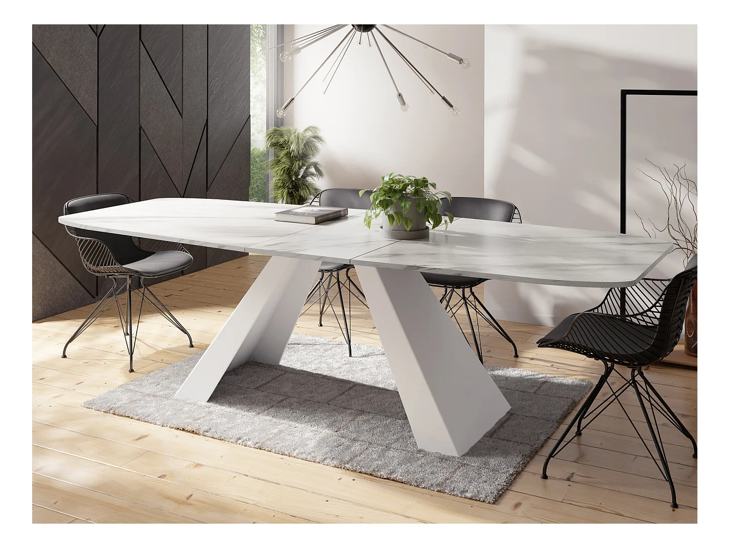 Table-à-Manger Extensible Monte Design Moderne, Table Rectangulaire - Extensible de 180 cm à 220 cm, Pieds Métalliques Blancs - 180x90 cm - Marbre Blanc