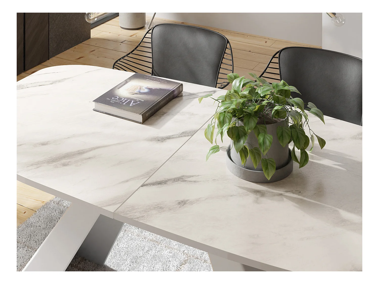 Table-à-Manger Extensible Monte Design Moderne, Table Rectangulaire - Extensible de 180 cm à 220 cm, Pieds Métalliques Blancs - 180x90 cm - Marbre Blanc