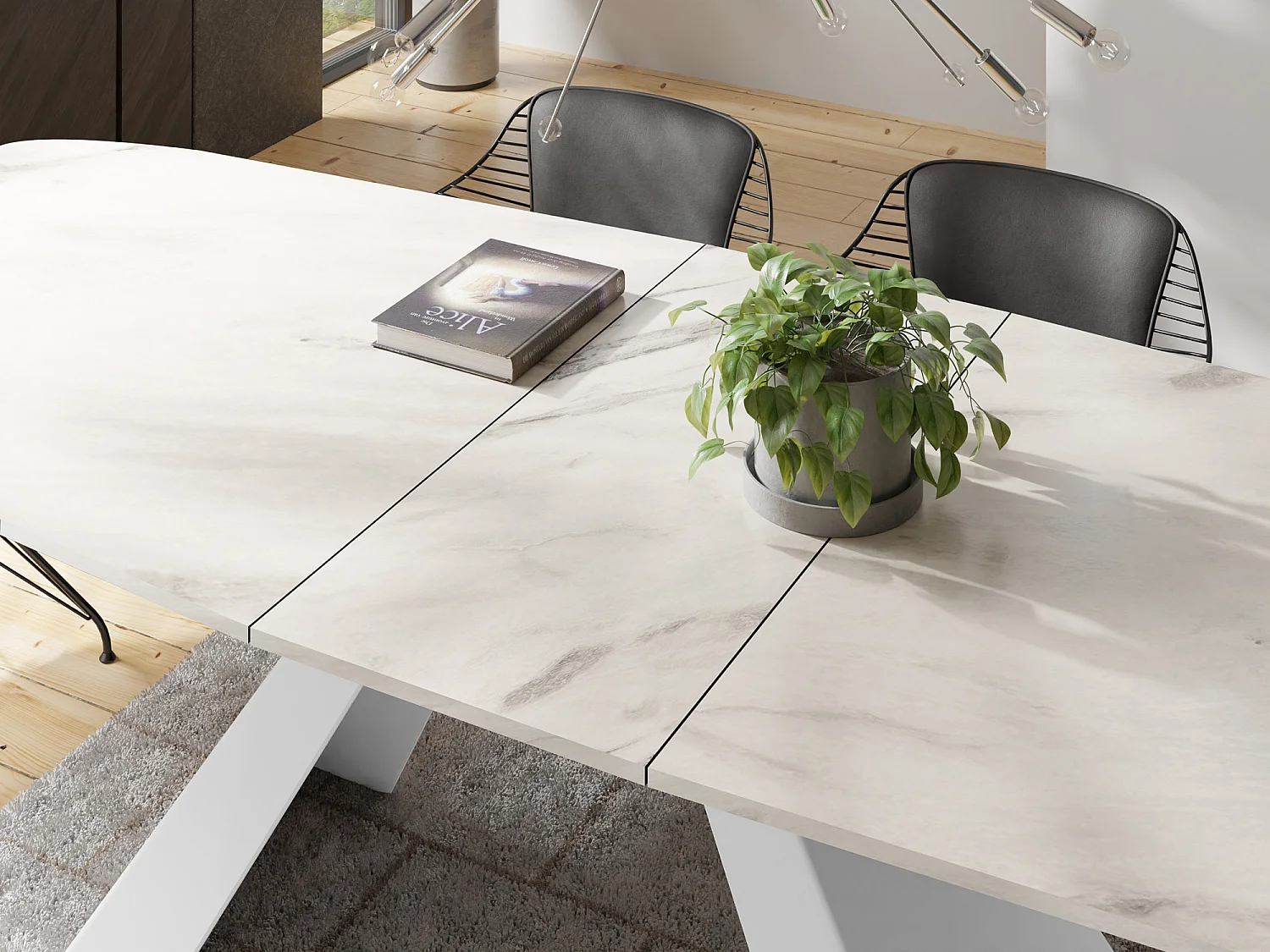 Table-à-Manger Extensible Monte Design Moderne, Table Rectangulaire - Extensible de 180 cm à 220 cm, Pieds Métalliques Blancs - 180x90 cm - Marbre Blanc