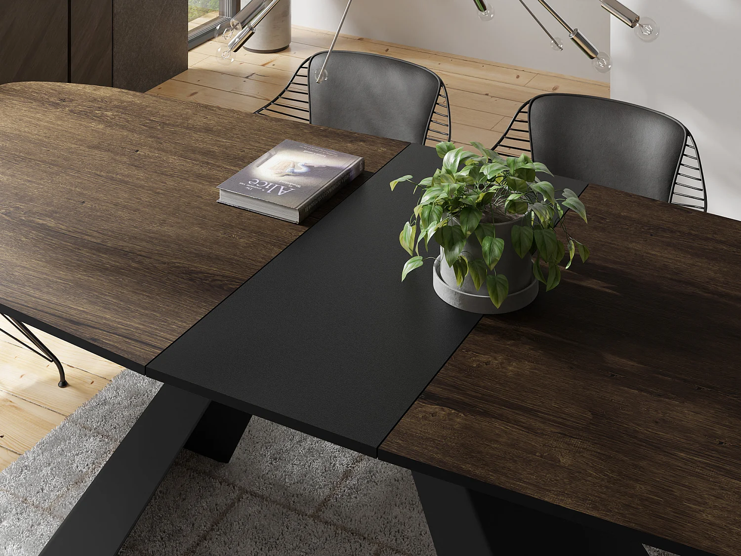 Esstisch Monte im Modern Stil, Rechteckiger Tisch - Ausziehbar von 160 cm bis 200 cm, Pulverbeschichtete Schwarze Metallbeine - 160 x 80 cm - Lefkas Eiche