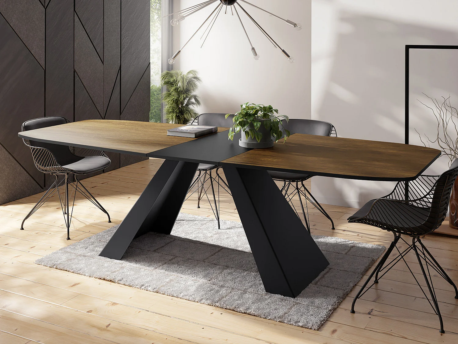 Esstisch Monte im Modern Stil, Rechteckiger Tisch - Ausziehbar von 160 cm bis 200 cm, Pulverbeschichtete Schwarze Metallbeine - 160 x 80 cm - Lefkas Eiche