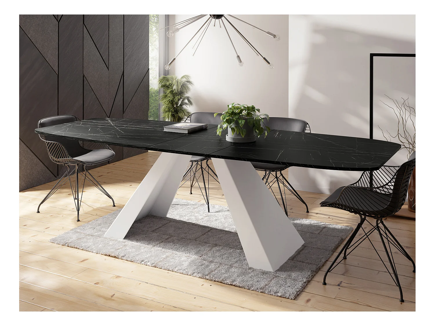 Table-à-Manger Extensible Monte Design Moderne, Table Rectangulaire - Extensible de 180 cm à 220 cm, Pieds Métalliques Blancs - 180x90 cm - Marbre Noir