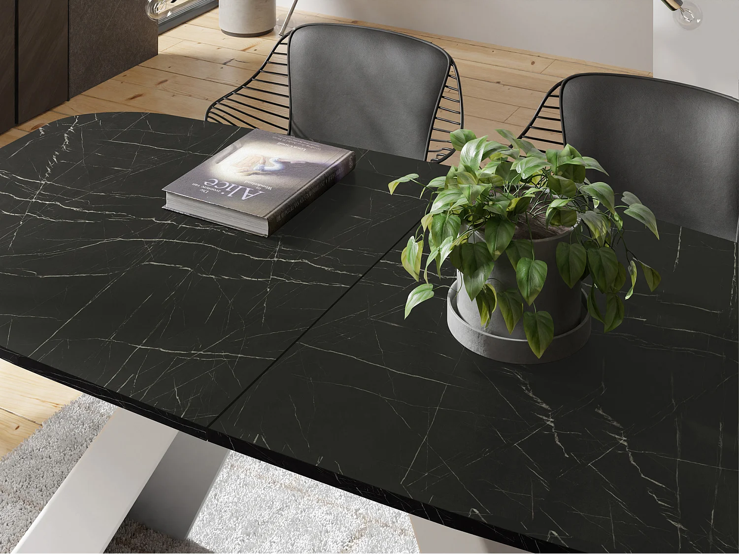 Esstisch Monte Weiß im Modern Stil, Rechteckiger Tisch - Ausziehbar von 180 cm bis 220 cm, Pulverbeschichtete Weiße Metallbeine - 180 x 90 cm - Marmor Schwarz