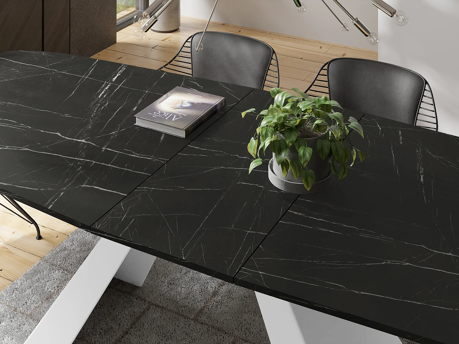 Esstisch Monte Weiß im Modern Stil, Rechteckiger Tisch - Ausziehbar von 180 cm bis 220 cm, Pulverbeschichtete Weiße Metallbeine - 180 x 90 cm - Marmor Schwarz