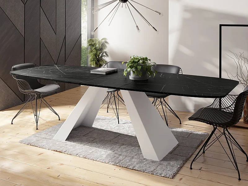 Esstisch Monte Weiß im Modern Stil, Rechteckiger Tisch - Ausziehbar von 180 cm bis 220 cm, Pulverbeschichtete Weiße Metallbeine - 180 x 90 cm - Marmor Schwarz