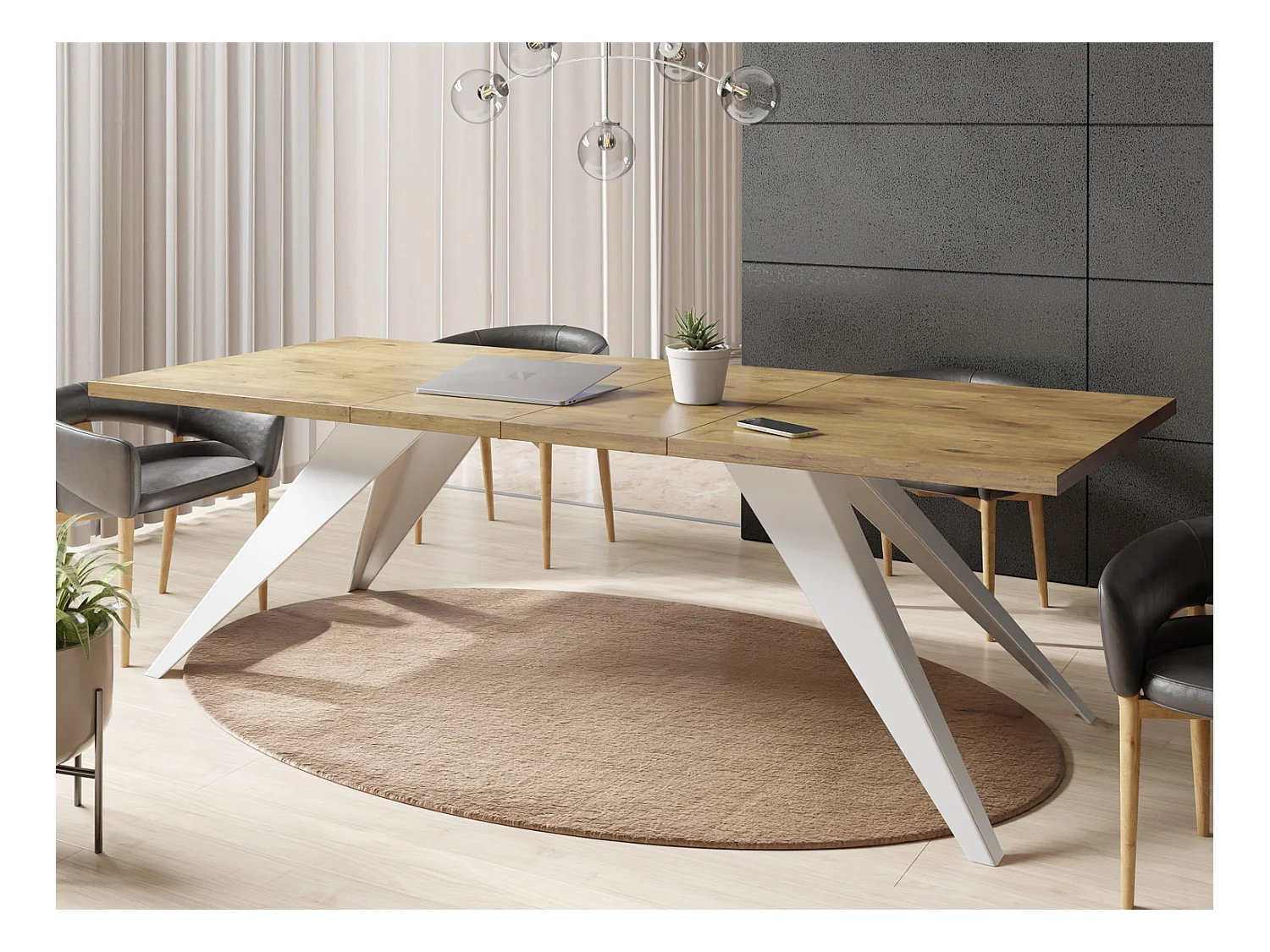 Table à Manger Vance Style Moderne - Table Rectangulaire Extensible de 160 à 260 cm, Pieds en Métal Blanc Revêtement Poudre - 160 x 90 cm - Chêne Lancelot