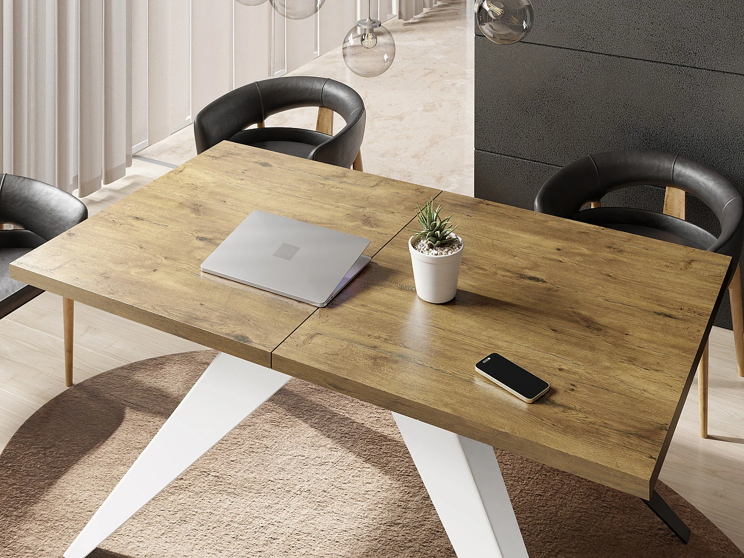 Esstisch Venus im Modern Still, Rechteckig Tisch - Ausziehbar von 160 cm bis 260 cm, Pulverbeschichtete Weiße Metallbeine - 160 x 90 cm - Lancelot Eiche