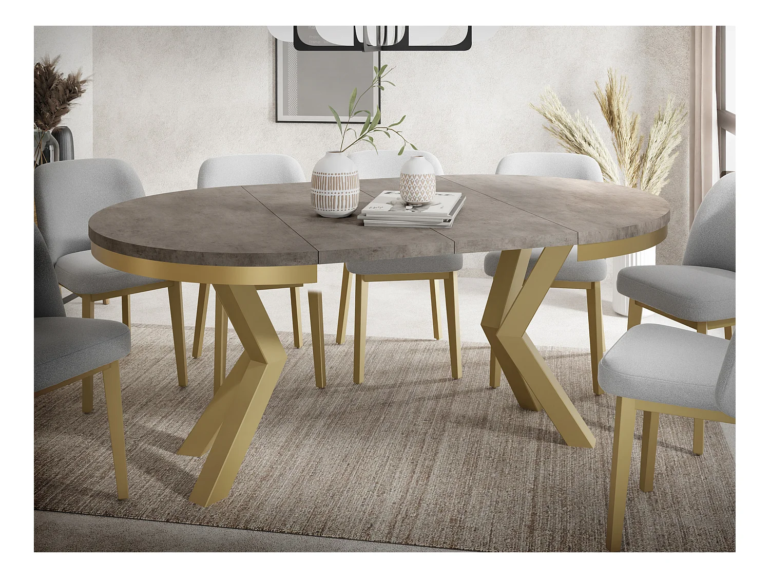 Table à Manger Ronde Extensible Style Loft - Table avec Pieds Métalliques Dorés - Table Gain de Place pour Salon - Béton Chicago Gris Foncé - 100 à 180 cm