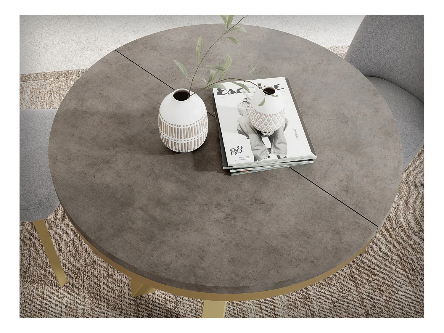 Table à Manger Ronde Extensible Style Loft - Table avec Pieds Métalliques Dorés - Table Gain de Place pour Salon - Béton Chicago Gris Foncé - 100 à 180 cm