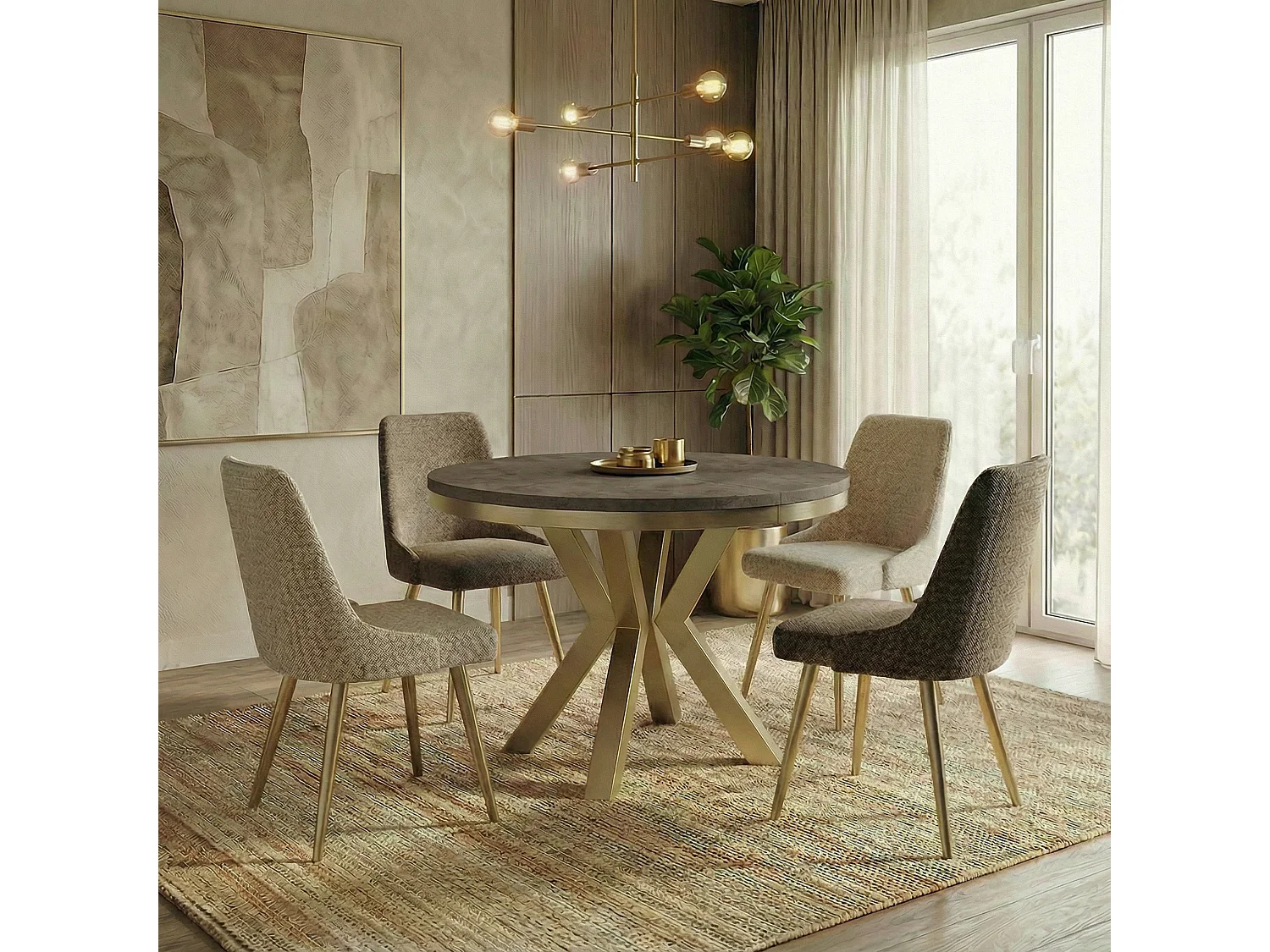 Table à Manger Ronde Extensible Style Loft - Table avec Pieds Métalliques Dorés - Table Gain de Place pour Salon - Béton Chicago Gris Foncé - 100 à 180 cm