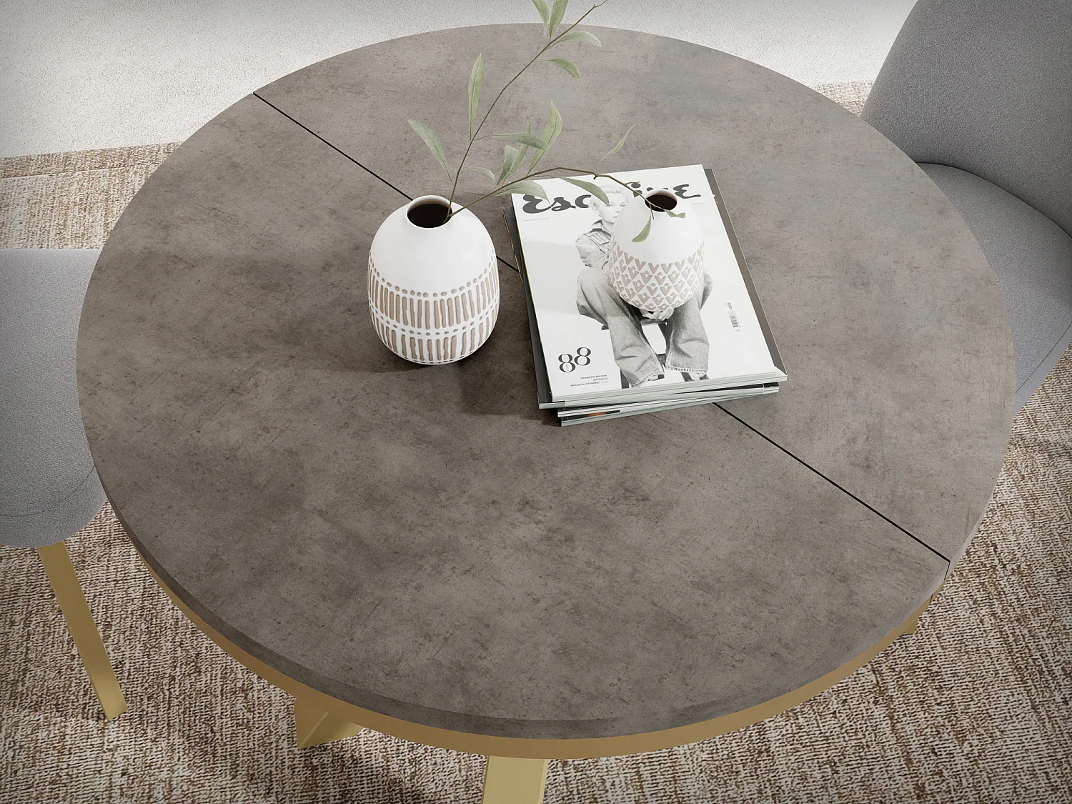 Table à Manger Ronde Extensible Style Loft - Table avec Pieds Métalliques Dorés - Table Gain de Place pour Salon - Béton Chicago Gris Foncé - 100 à 180 cm