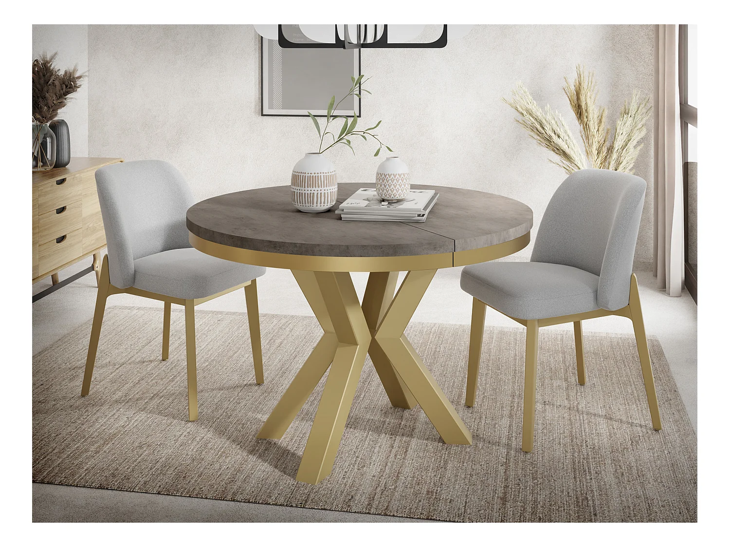 Runder Ausziehbarer Esstisch im Loft-Stil - Industrieller Tisch mit Goldenen Metallbeinen - Platzsparender Tisch für Wohnzimmer - Chicago Concrete - 100 bis 180 cm