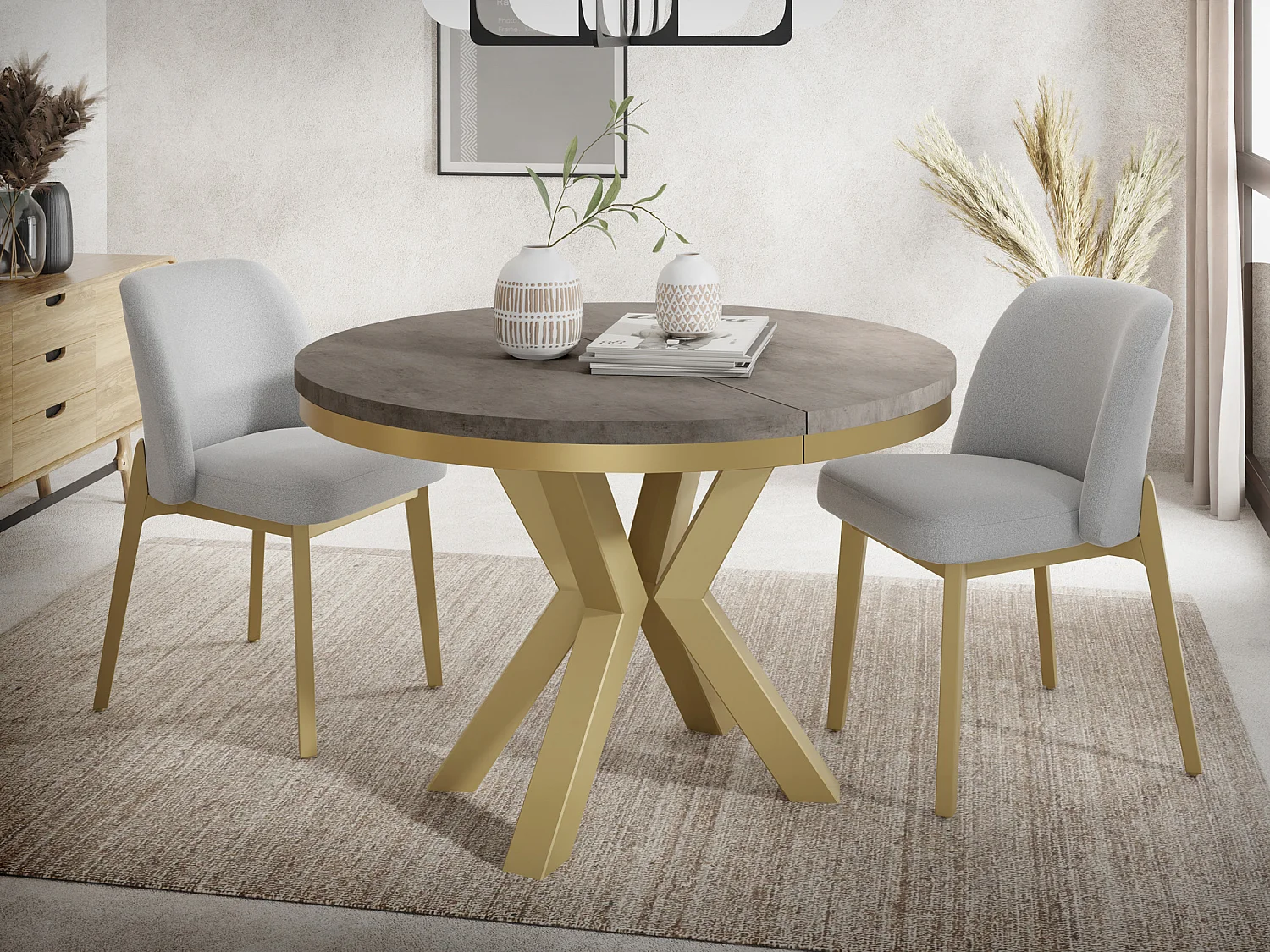 Runder Ausziehbarer Esstisch im Loft-Stil - Industrieller Tisch mit Goldenen Metallbeinen - Platzsparender Tisch für Wohnzimmer - Chicago Concrete - 100 bis 180 cm