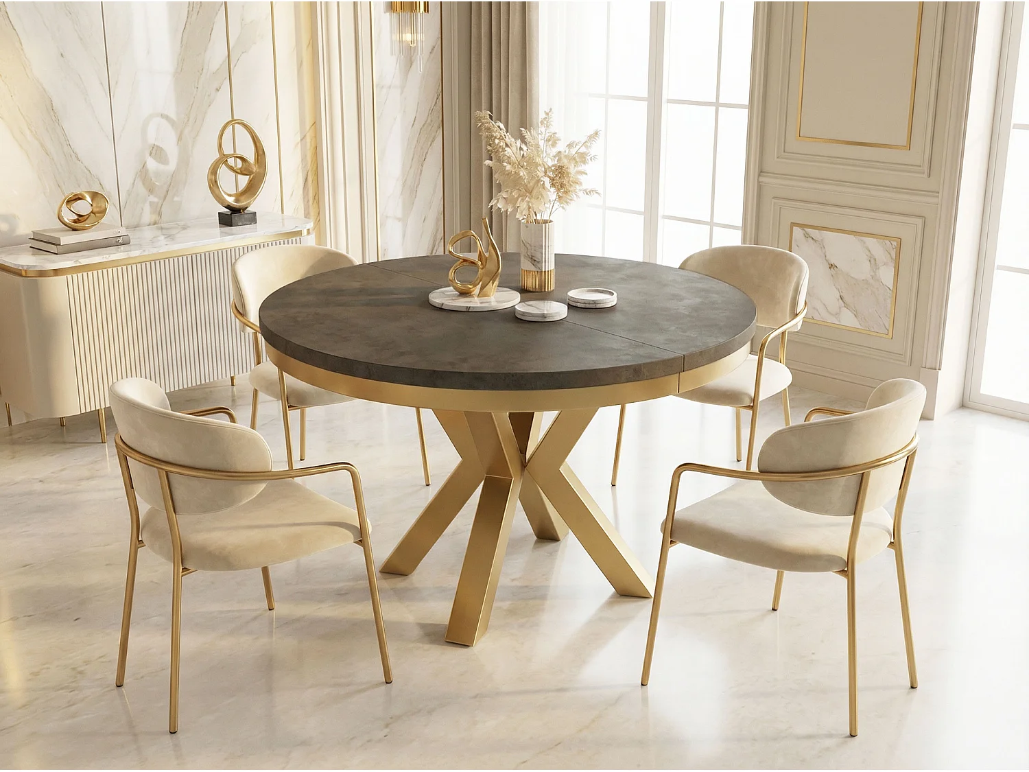 Runder Ausziehbarer Esstisch im Loft-Stil - Industrieller Tisch mit Goldenen Metallbeinen - Platzsparender Tisch für Wohnzimmer - Chicago Concrete - 100 bis 180 cm