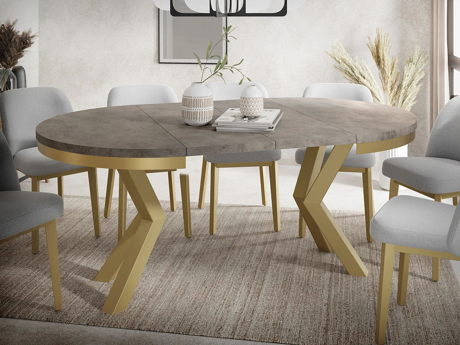 Runder Ausziehbarer Esstisch im Loft-Stil - Industrieller Tisch mit Goldenen Metallbeinen - Platzsparender Tisch für Wohnzimmer - Chicago Concrete - 100 bis 180 cm
