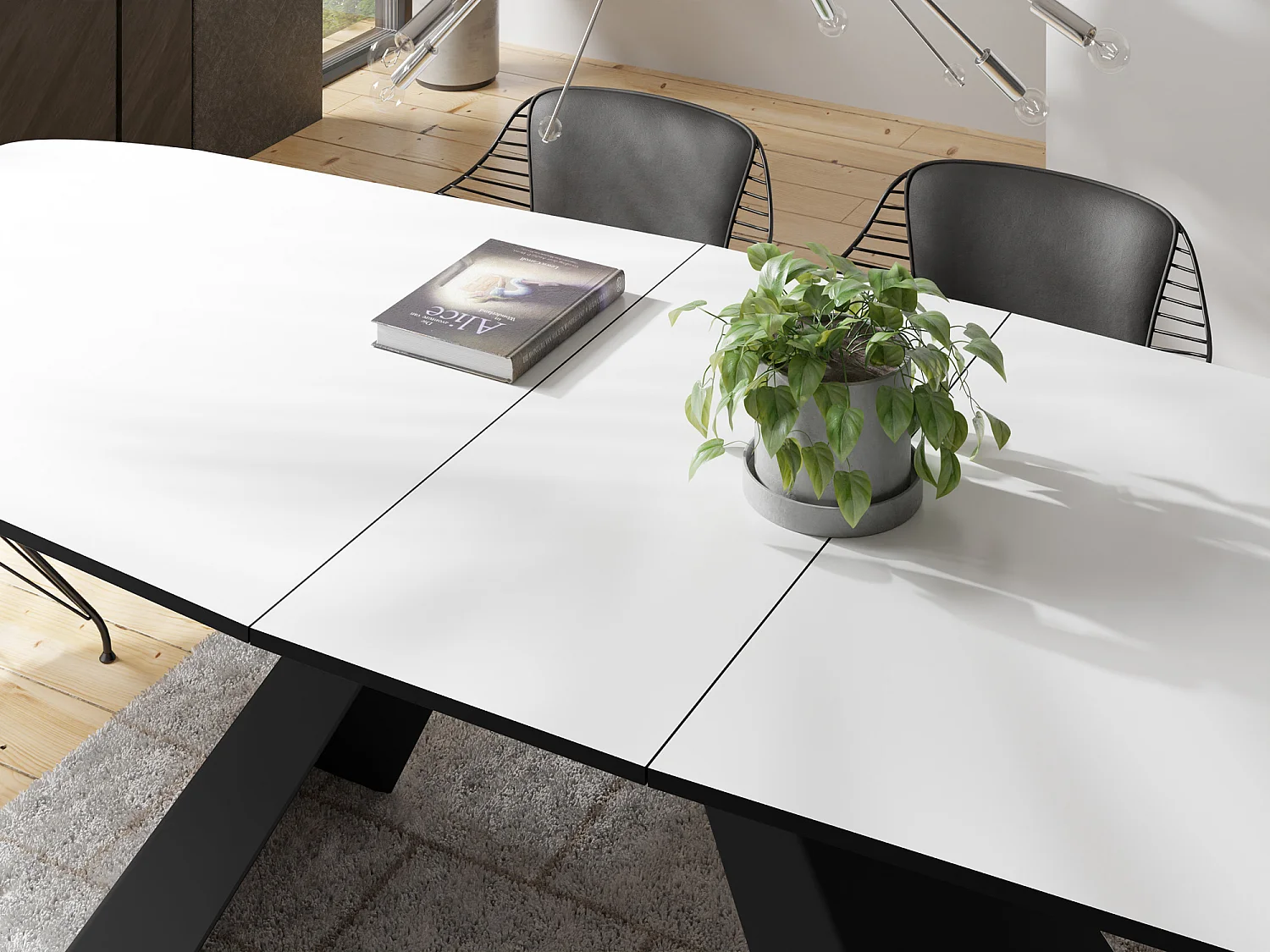 Table-à-Manger Extensible Monte Design Moderne, Table Rectangulaire - Extensible de 180 cm à 220 cm, Pieds Métalliques Noirs - 180x90 cm - Blanc