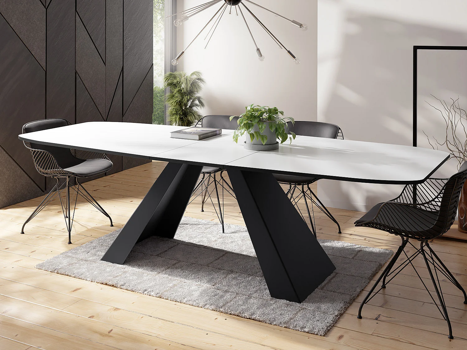 Esstisch Monte im Modern Stil, Rechteckiger Tisch - Ausziehbar von 180 cm bis 220 cm, Pulverbeschichtete Schwarze Metallbeine - 180 x 90 cm - Weiß