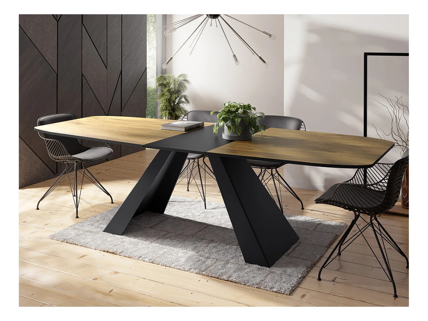 Table-à-Manger Extensible Monte Design Moderne, Table Rectangulaire - Extensible de 180 cm à 220 cm, Pieds Métalliques Noirs - 180x90 cm - Chêne Lancelot