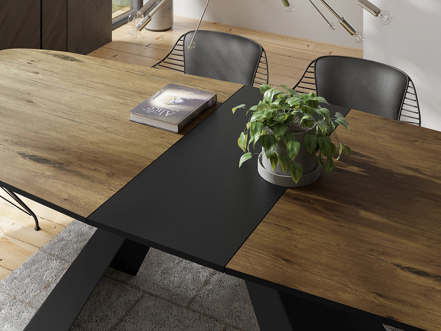 Esstisch Monte im Modern Stil, Rechteckiger Tisch - Ausziehbar von 180 cm bis 220 cm, Pulverbeschichtete Schwarze Metallbeine - 180 x 90 cm - Lancelot Eiche