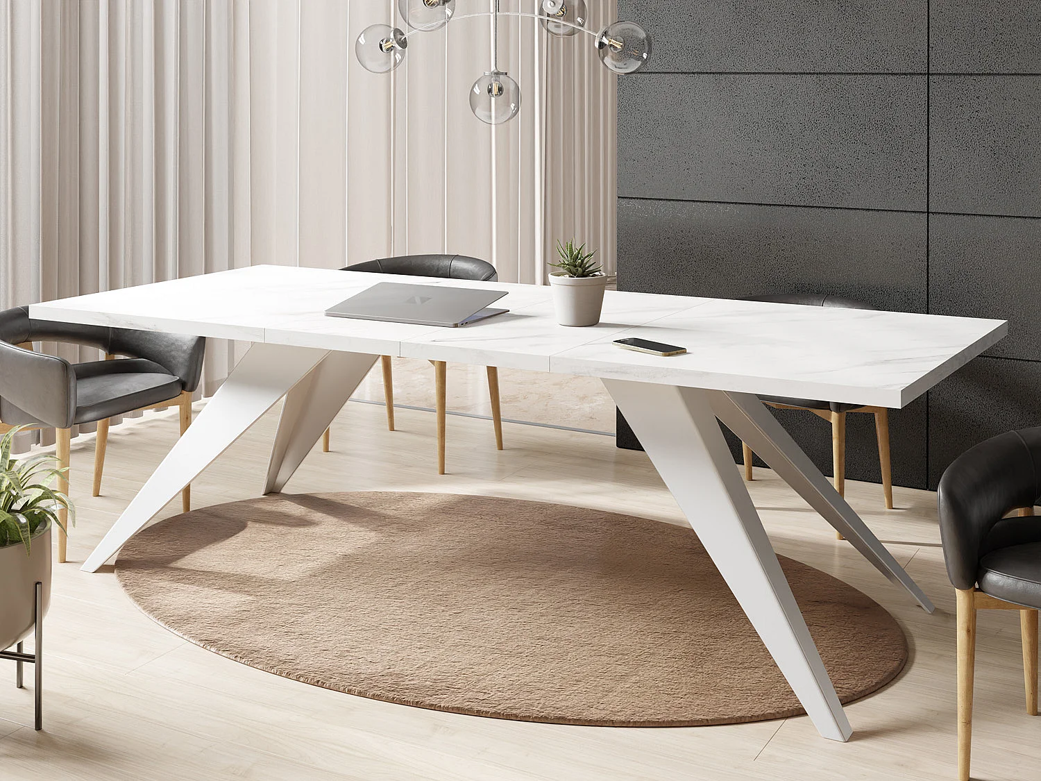 Table à Manger Vance Style Moderne - Table Rectangulaire Extensible de 160 à 260 cm, Pieds en Métal Blanc Revêtement Poudre - 160 x 90 cm - Marbre Blanc