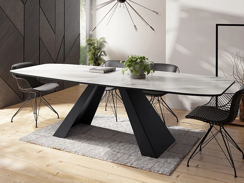 Table-à-Manger Extensible Monte Design Moderne, Table Rectangulaire - Extensible de 180 cm à 220 cm, Pieds Métalliques Noirs - 180x90 cm - Marbre Blanc