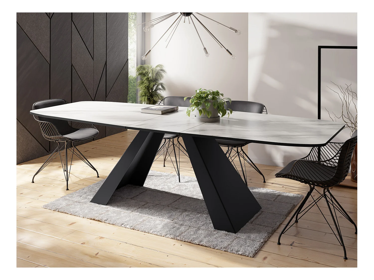 Table-à-Manger Extensible Monte Design Moderne, Table Rectangulaire - Extensible de 180 cm à 220 cm, Pieds Métalliques Noirs - 180x90 cm - Marbre Blanc