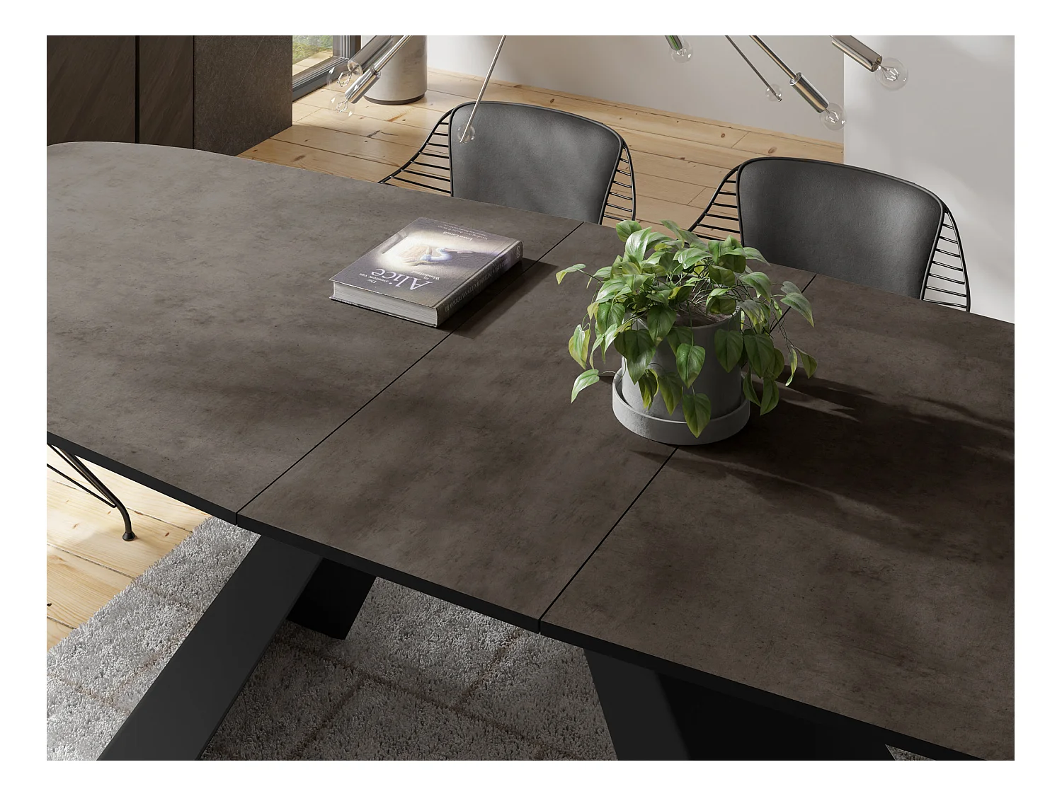 Table-à-Manger Extensible Monte Design Moderne, Table Rectangulaire - Extensible de 180 cm à 220 cm, Pieds Métalliques Noirs - 180x90 cm - Béton Gris Chicago