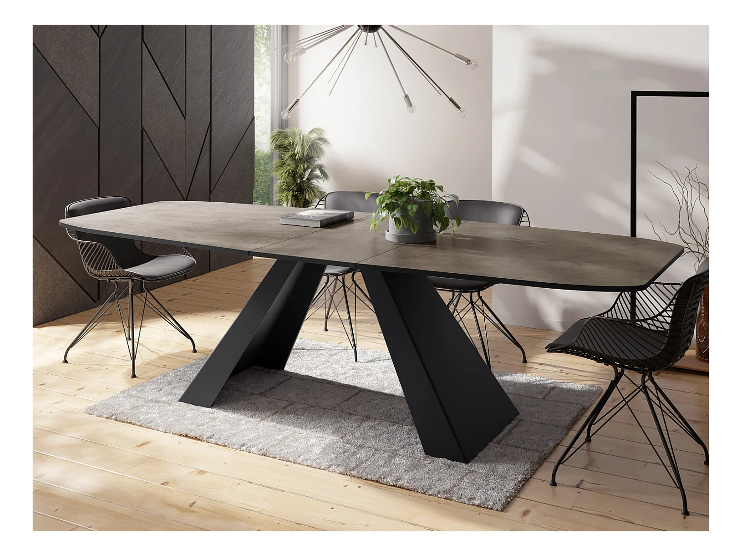 Esstisch Monte im Modern Stil, Rechteckiger Tisch - Ausziehbar von 180 cm bis 220 cm, Pulverbeschichtete Schwarze Metallbeine - 180 x 90 cm - Chicago Beton Grau