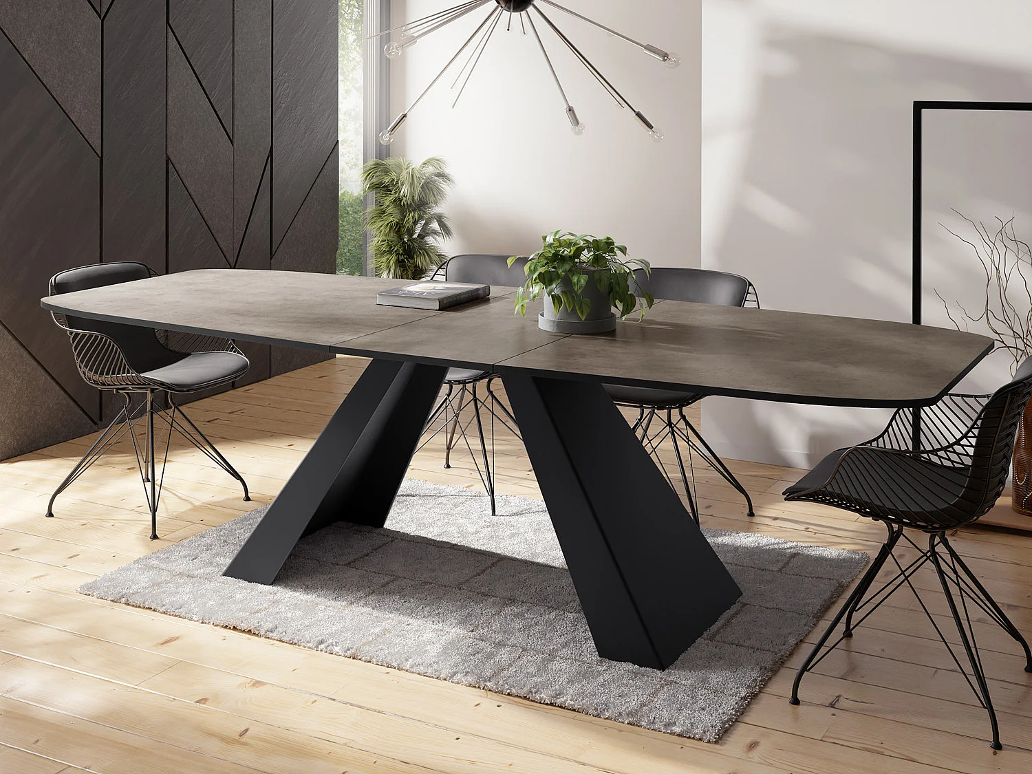 Esstisch Monte im Modern Stil, Rechteckiger Tisch - Ausziehbar von 180 cm bis 220 cm, Pulverbeschichtete Schwarze Metallbeine - 180 x 90 cm - Chicago Beton Grau