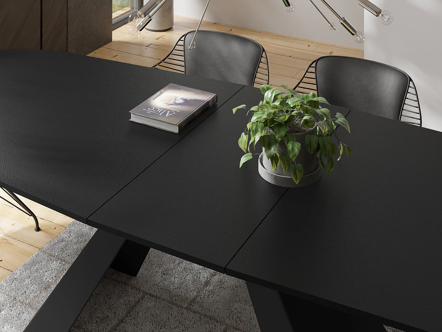 Esstisch Monte im Modern Stil, Rechteckiger Tisch - Ausziehbar von 180 cm bis 220 cm, Pulverbeschichtete Schwarze Metallbeine - 180 x 90 cm - Schwarz