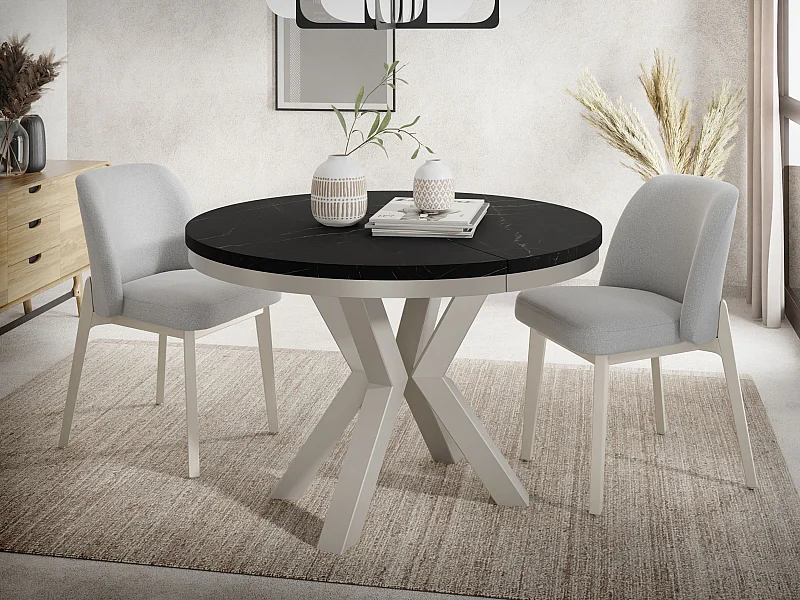 Runder Ausziehbarer Esstisch im Loft-Stil - Tisch mit Grau-Beige Metallbeinen - Platzsparender Tisch für Wohnzimmer - Marmor Schwarz 100 bis 180 cm