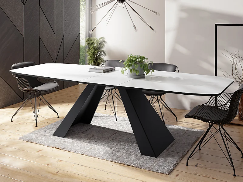 Table-à-Manger Extensible Monte Design Moderne, Table Rectangulaire - Extensible de 160 cm à 200 cm, Pieds Métalliques Noirs - 160x80 cm - Blanc