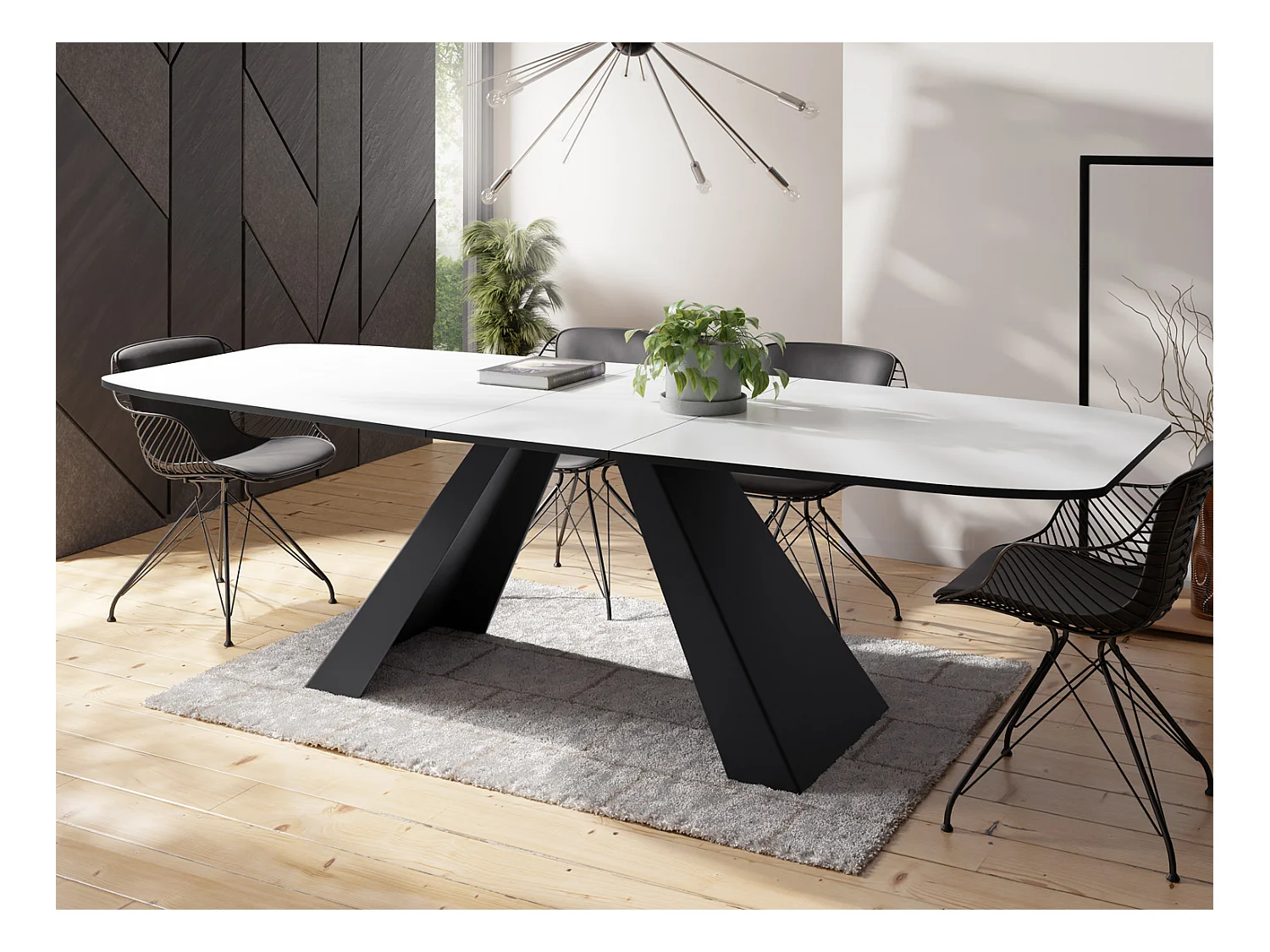 Table-à-Manger Extensible Monte Design Moderne, Table Rectangulaire - Extensible de 160 cm à 200 cm, Pieds Métalliques Noirs - 160x80 cm - Blanc