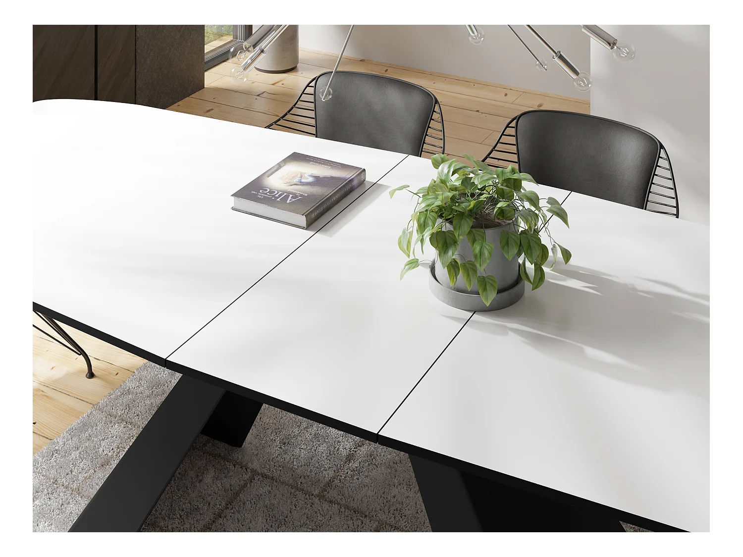 Table-à-Manger Extensible Monte Design Moderne, Table Rectangulaire - Extensible de 160 cm à 200 cm, Pieds Métalliques Noirs - 160x80 cm - Blanc