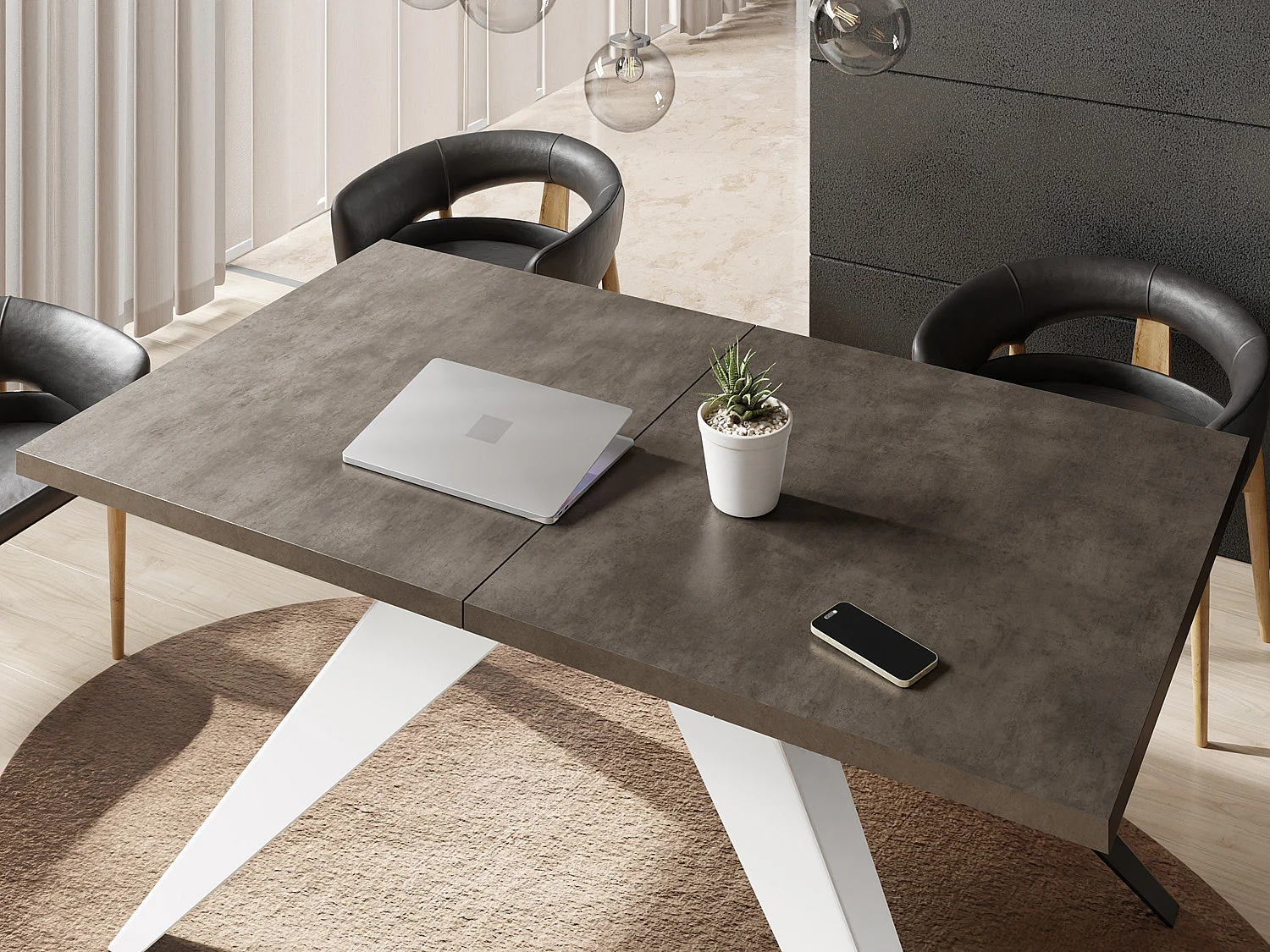 Table à Manger Vance Style Moderne - Table Rectangulaire Extensible de 160 à 260 cm, Pieds en Métal Blanc Revêtement Poudre - 160 x 90 cm - Béton Gris Chicago