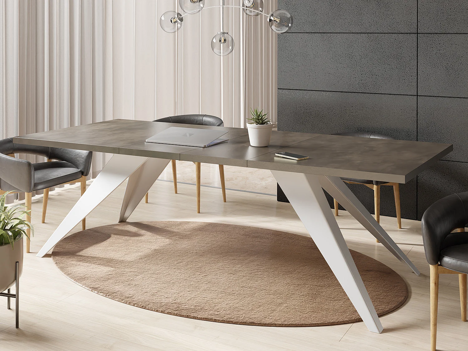 Esstisch Venus im Modern Still, Rechteckig Tisch - Ausziehbar von 160 cm bis 260 cm, Pulverbeschichtete Weiße Metallbeine - 160 x 90 cm - Chicago Beton Grau